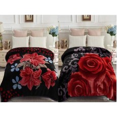 2 Ply Blanket - Black - Red Flower